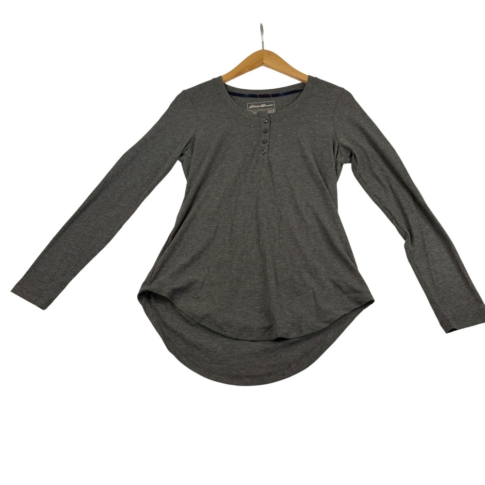 Eddie Bauer Womens XS Charcoal Grey Henley Long Sleeve Sleepwear High Low Top
